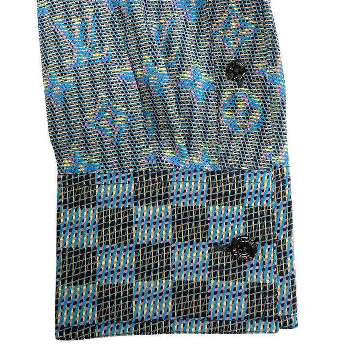 Pristine LOUIS VUITTON Long sleeve shirt 3D monogram logo buttons Blue silk 34