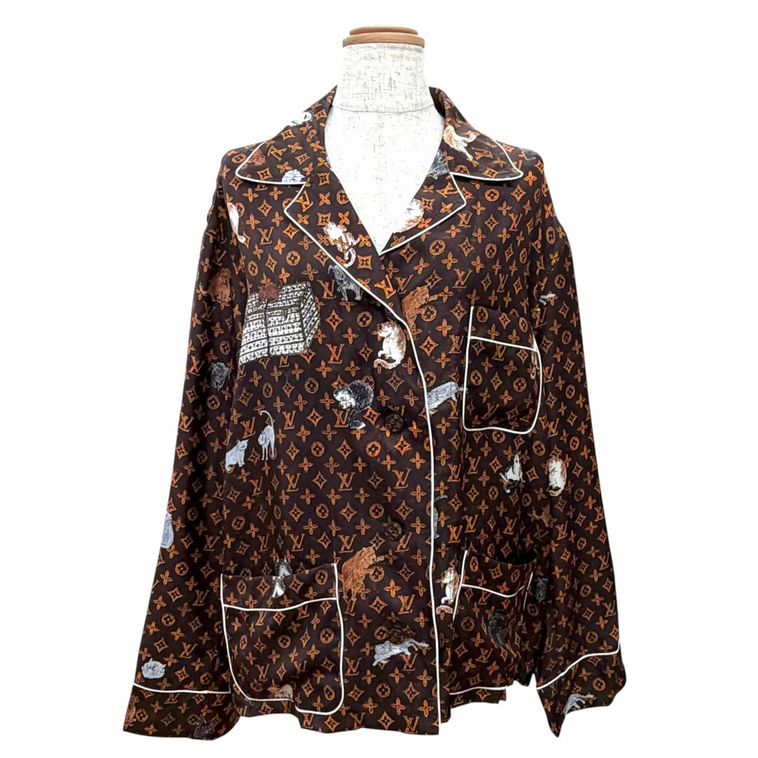Pristine LOUIS VUITTON Long sleeve shirt Catgram print cat Brown silk Women 42