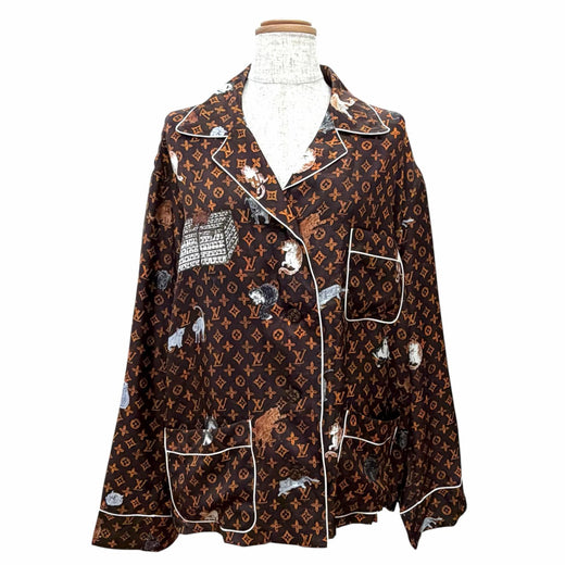 Pristine LOUIS VUITTON Long sleeve shirt Catgram print cat Brown silk Women 42