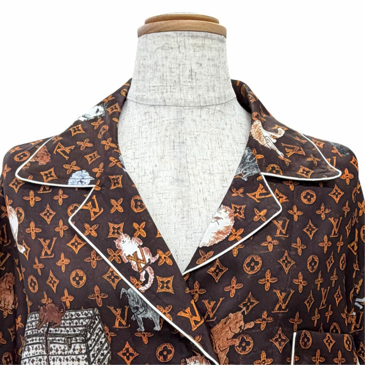 Pristine LOUIS VUITTON Long sleeve shirt Catgram print cat Brown silk Women 42