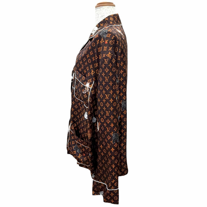 Pristine LOUIS VUITTON Long sleeve shirt Catgram print cat Brown silk Women 42