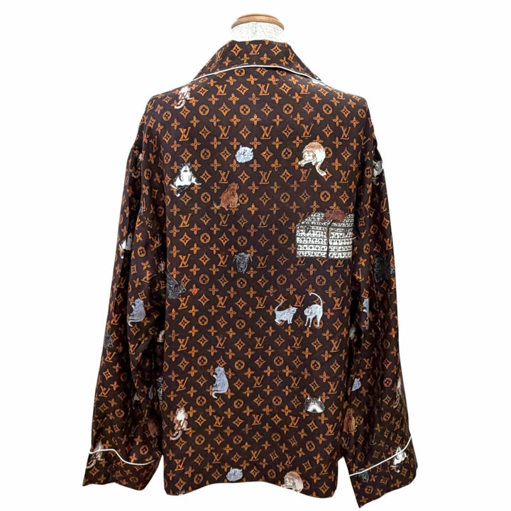 Pristine LOUIS VUITTON Long sleeve shirt Catgram print cat Brown silk Women 42