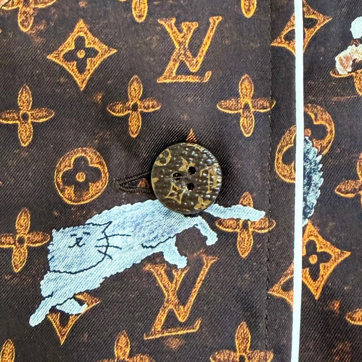 Pristine LOUIS VUITTON Long sleeve shirt Catgram print cat Brown silk Women 42