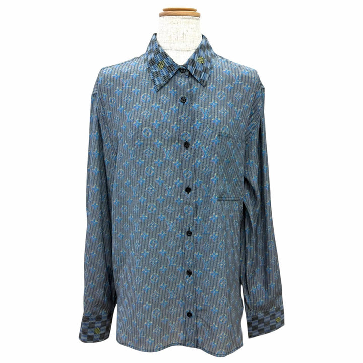 Pristine LOUIS VUITTON Long sleeve shirt 3D Damier Monogram Print Blue silk 36