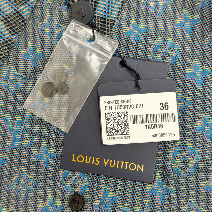 Pristine LOUIS VUITTON Long sleeve shirt 3D Damier Monogram Print Blue silk 36