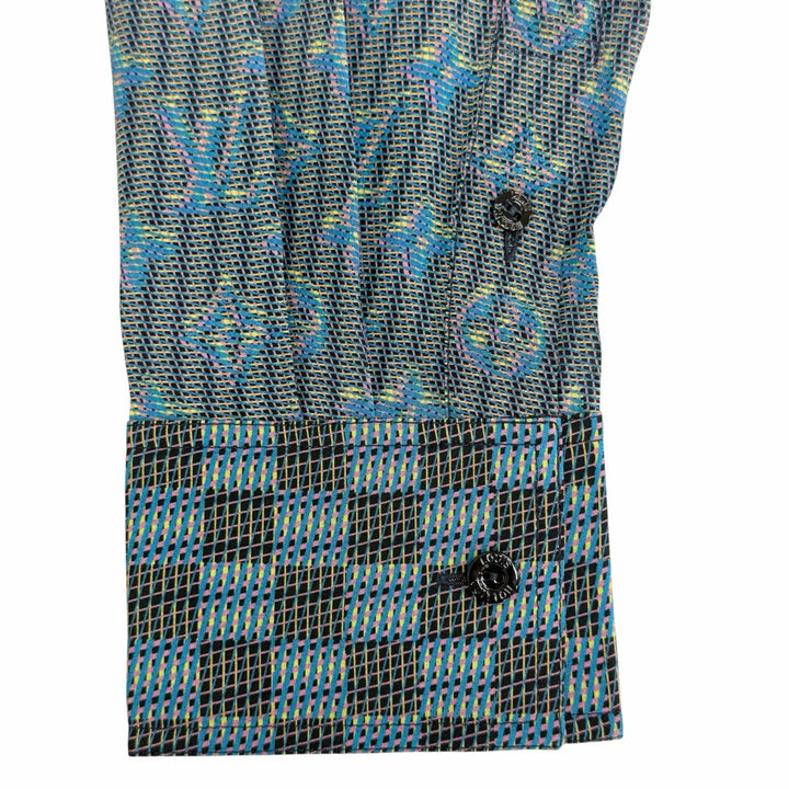 Pristine LOUIS VUITTON Long sleeve shirt 3D Damier Monogram Print Blue silk 36