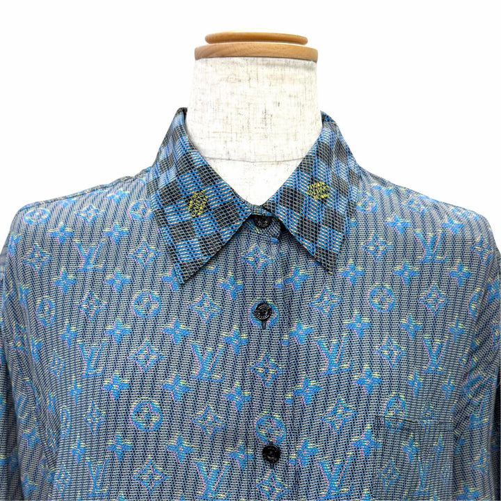 Pristine LOUIS VUITTON Long sleeve shirt 3D Damier Monogram Print Blue silk 36
