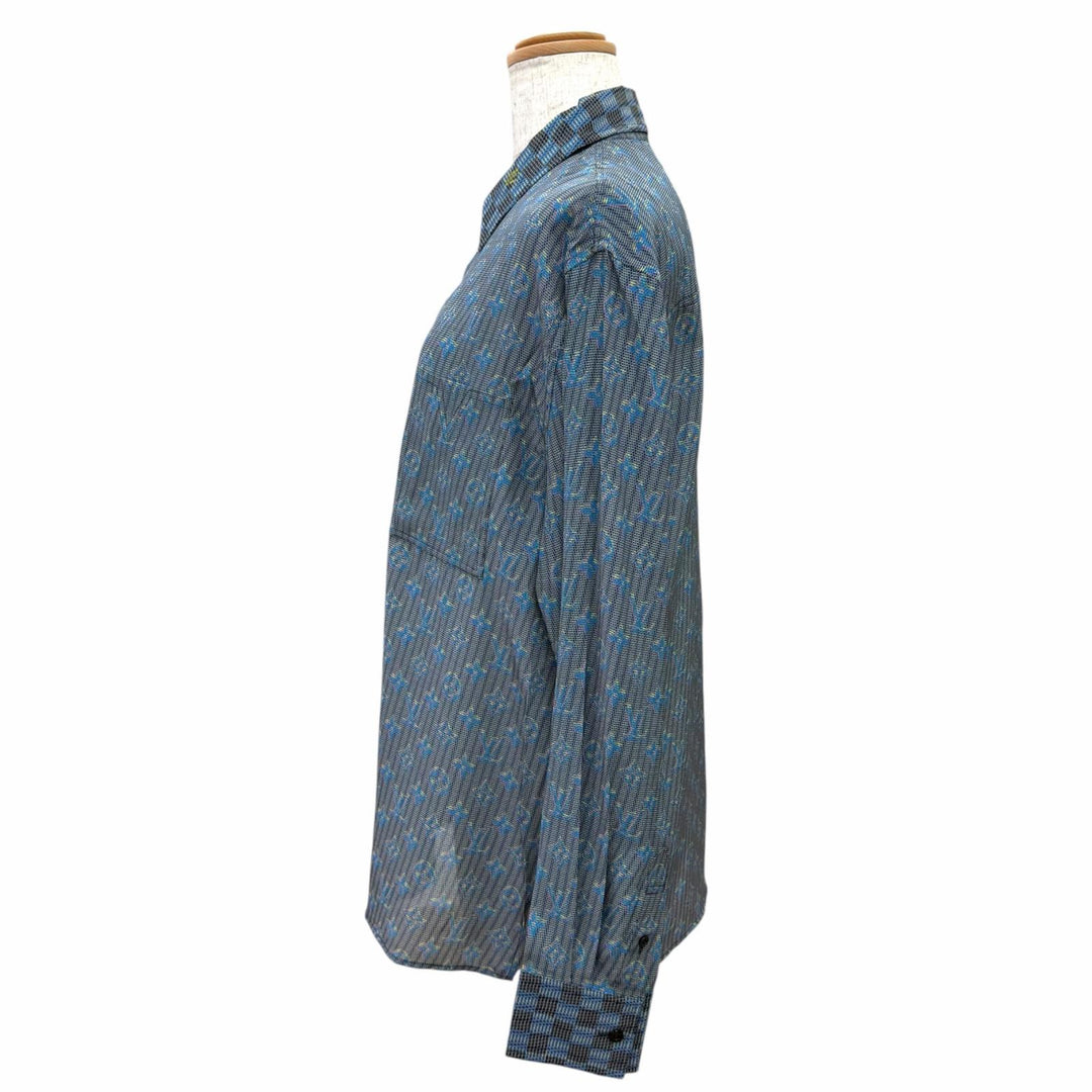 Pristine LOUIS VUITTON Long sleeve shirt 3D Damier Monogram Print Blue silk 36