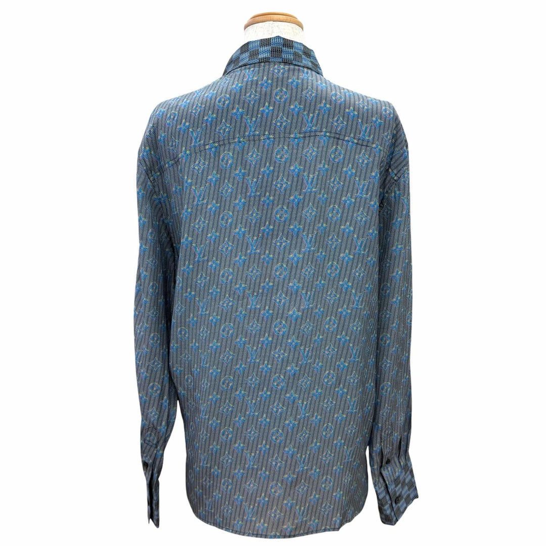 Pristine LOUIS VUITTON Long sleeve shirt 3D Damier Monogram Print Blue silk 36