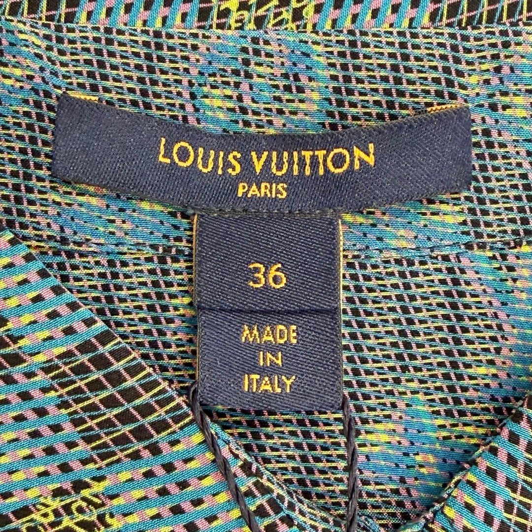 Pristine LOUIS VUITTON Long sleeve shirt 3D Damier Monogram Print Blue silk 36