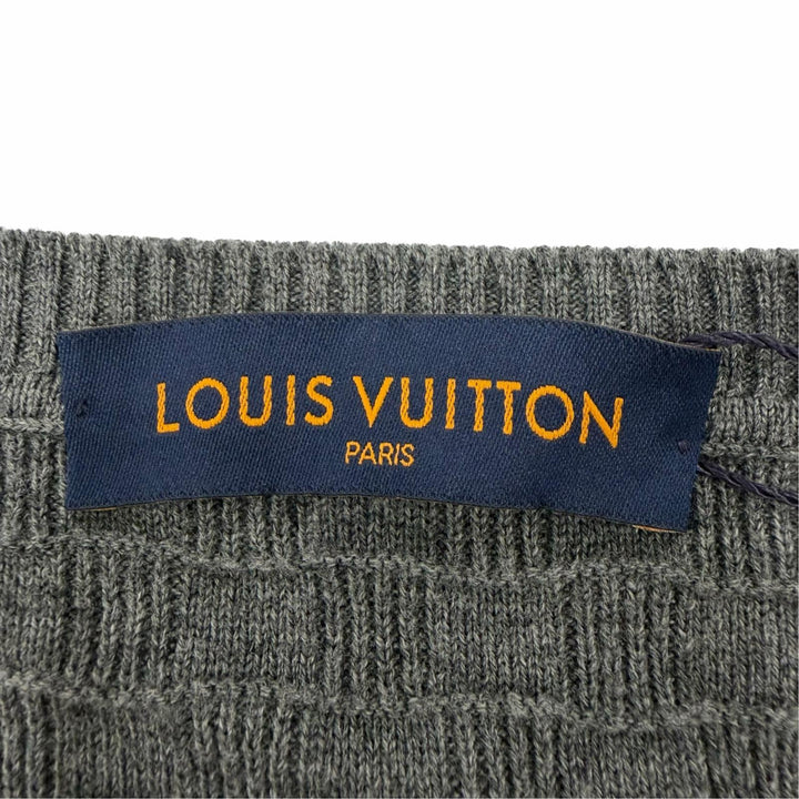 Pristine LOUIS VUITTON sweater Damier leather patch crew neck knit gray mens L