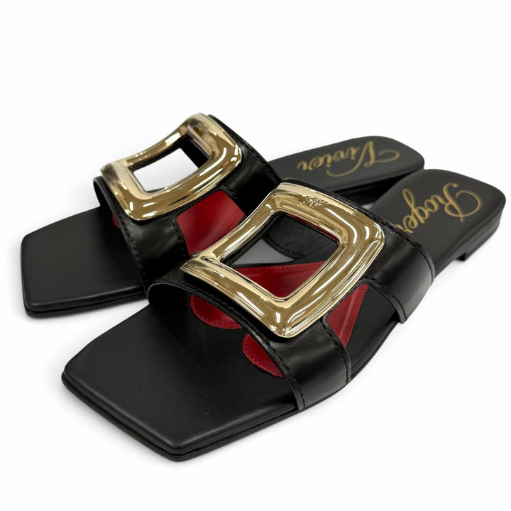 Pristine ROGER VIVIER Sandals NEW METAL BUCKLE MULE flat black leather Women 38