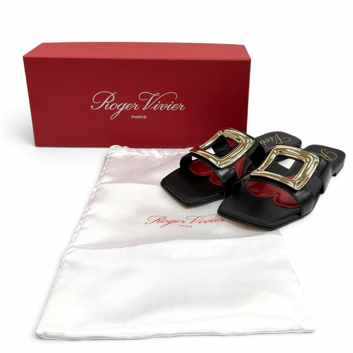 Pristine ROGER VIVIER Sandals NEW METAL BUCKLE MULE flat black leather Women 38
