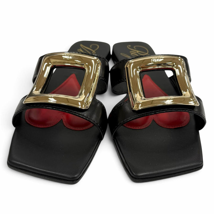 Pristine ROGER VIVIER Sandals NEW METAL BUCKLE MULE flat black leather Women 38