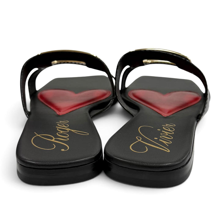 Pristine ROGER VIVIER Sandals NEW METAL BUCKLE MULE flat black leather Women 38