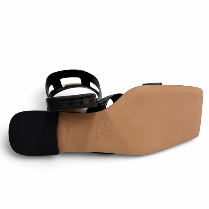 Pristine ROGER VIVIER Sandals NEW METAL BUCKLE MULE flat black leather Women 38