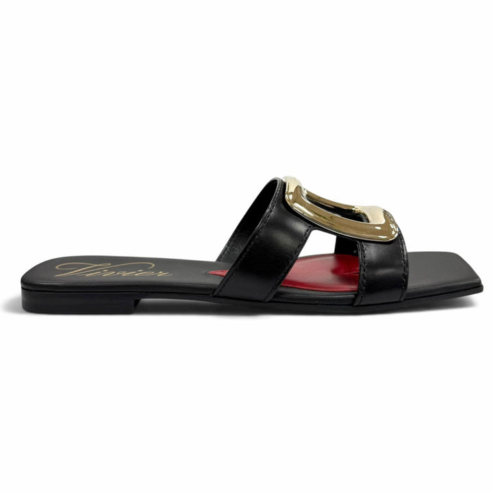 Pristine ROGER VIVIER Sandals NEW METAL BUCKLE MULE flat black leather Women 38