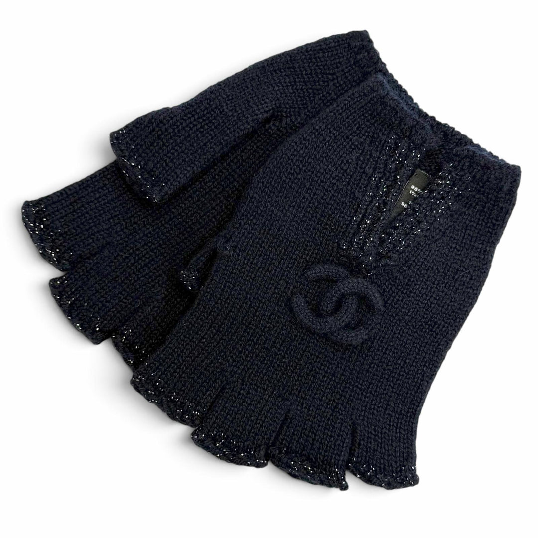 Excellent CHANEL gloves COCO Mark Glitter Fingerless Gloves navy cashmere G18