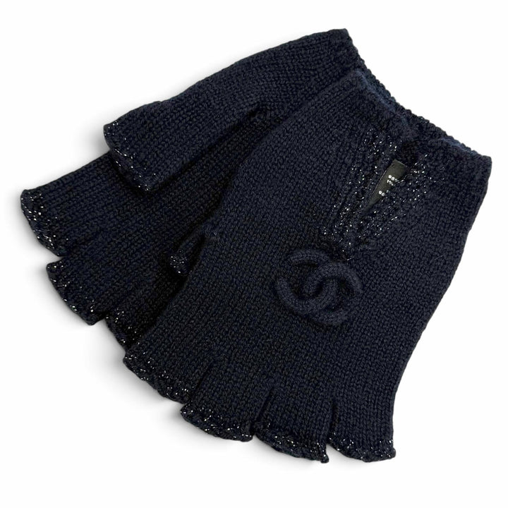 Excellent CHANEL gloves COCO Mark Glitter Fingerless Gloves navy cashmere G18