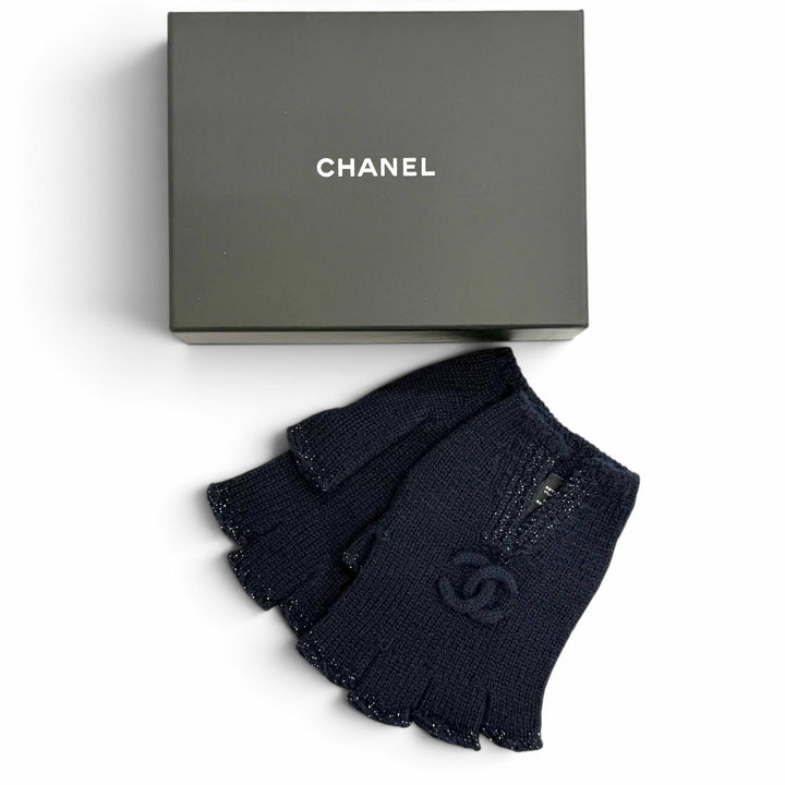 Excellent CHANEL gloves COCO Mark Glitter Fingerless Gloves navy cashmere G18