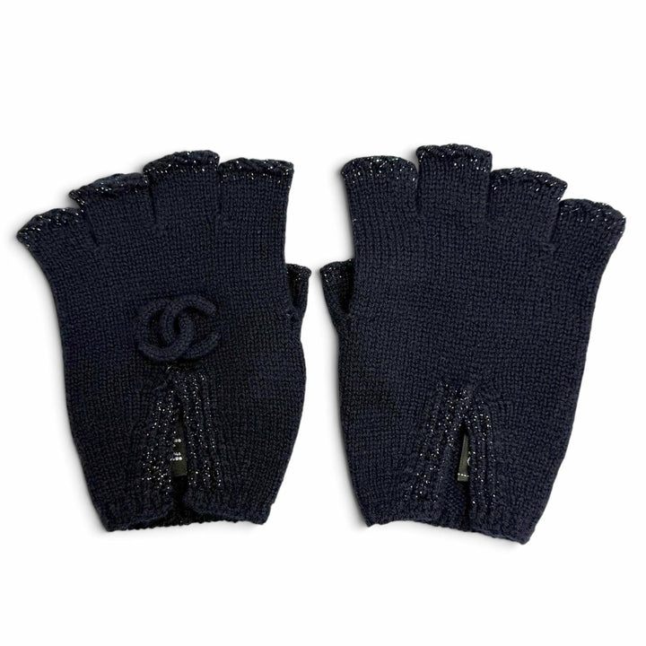 Excellent CHANEL gloves COCO Mark Glitter Fingerless Gloves navy cashmere G18