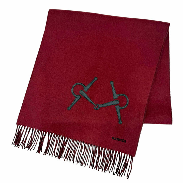 Excellent HERMES Scarf Logo embroidery, horsebit motif leather patch, cashmere