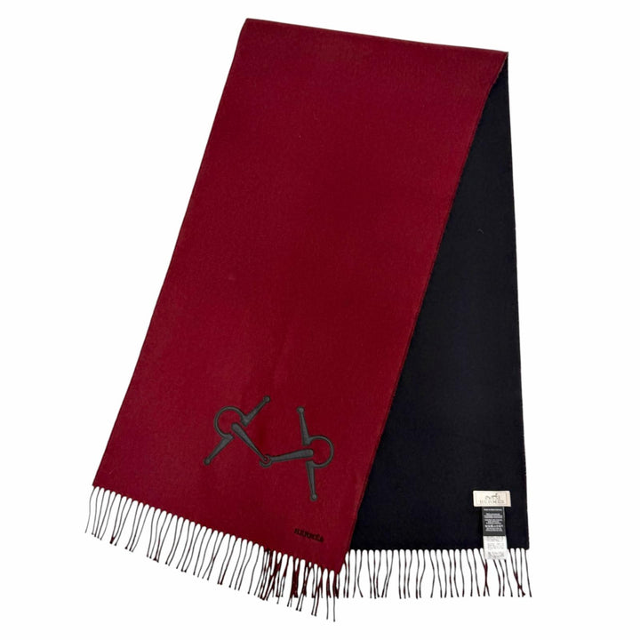 Excellent HERMES Scarf Logo embroidery, horsebit motif leather patch, cashmere