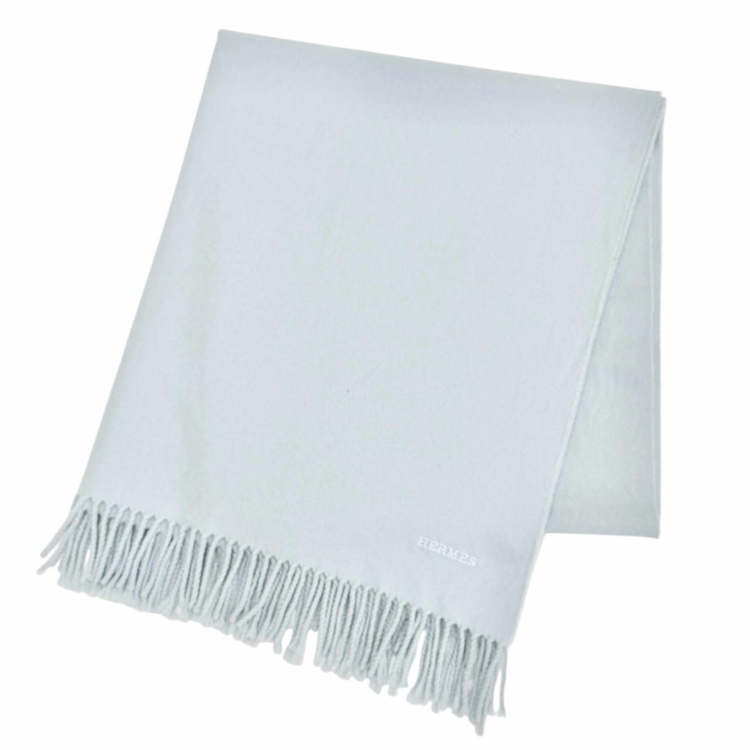 Great HERMES shawl Logo embroidered large shawl stole scarf Light blue cashmere