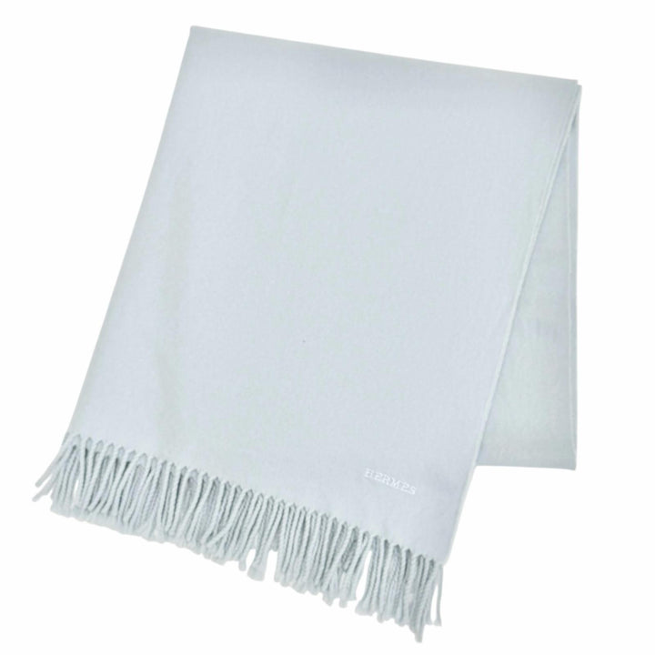 Great HERMES shawl Logo embroidered large shawl stole scarf Light blue cashmere