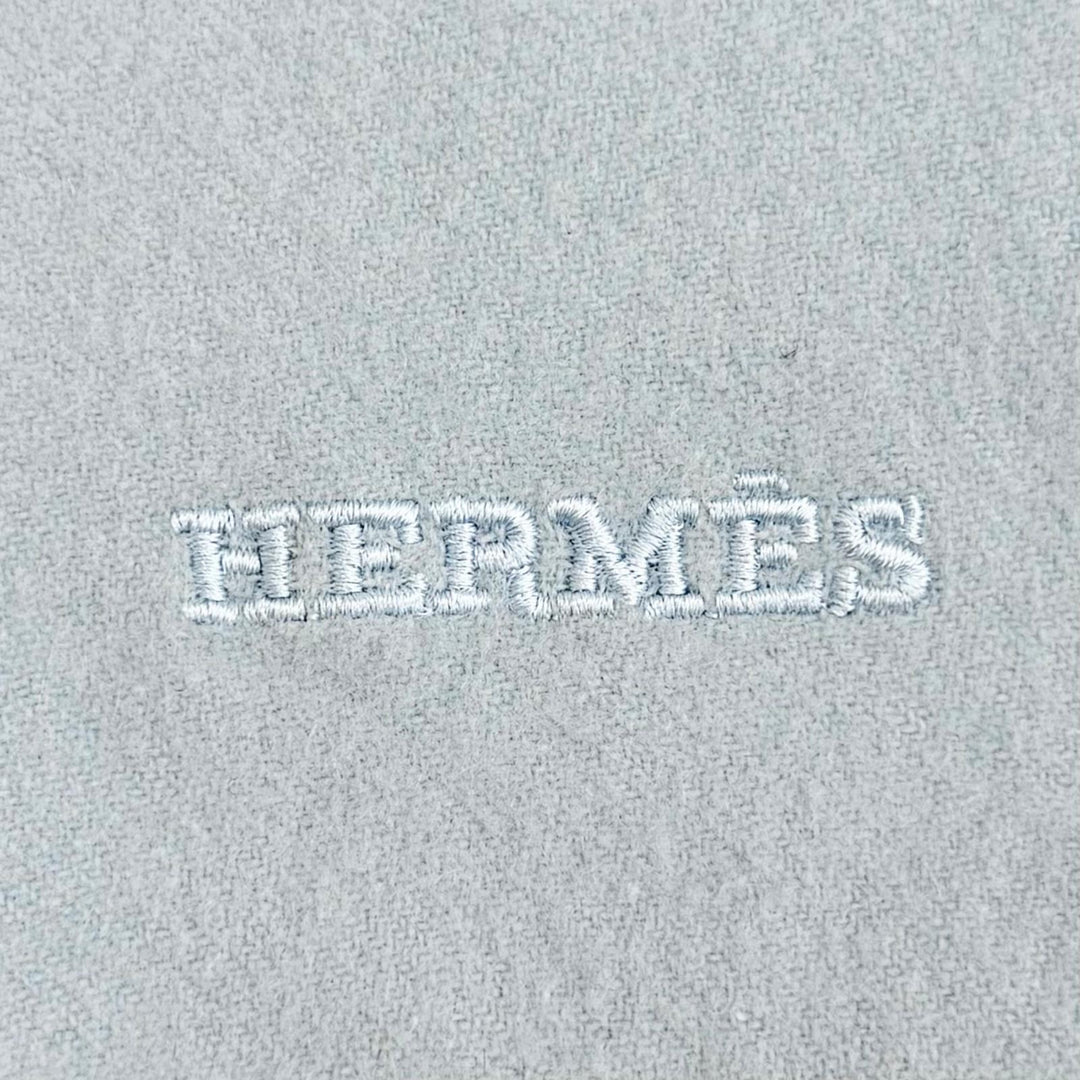Great HERMES shawl Logo embroidered large shawl stole scarf Light blue cashmere