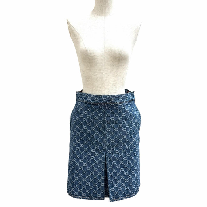 Pristine GUCCI skirt GG Jacquard Box Pleated Denim Indigo cotton Women 36 791386
