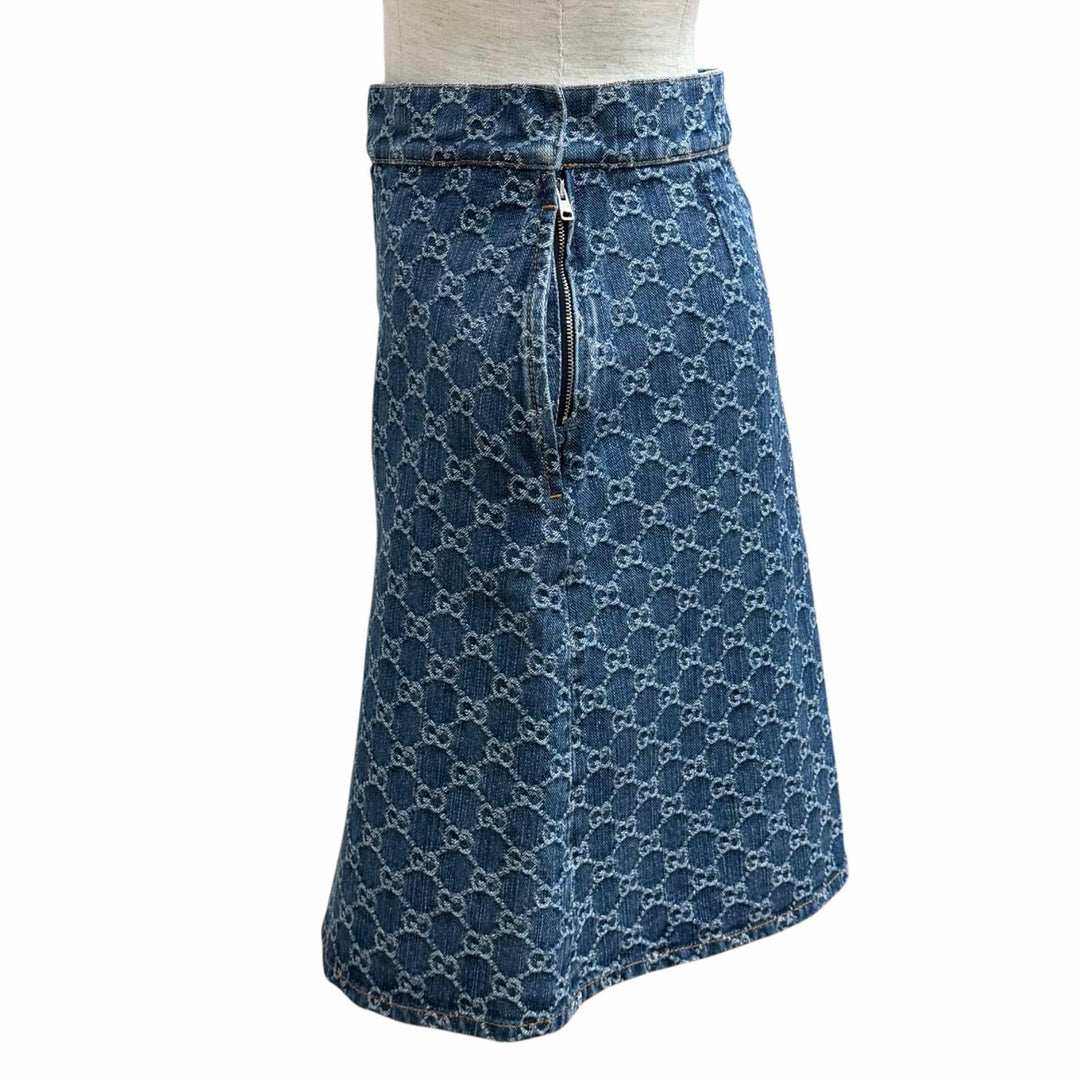 Pristine GUCCI skirt GG Jacquard Box Pleated Denim Indigo cotton Women 36 791386