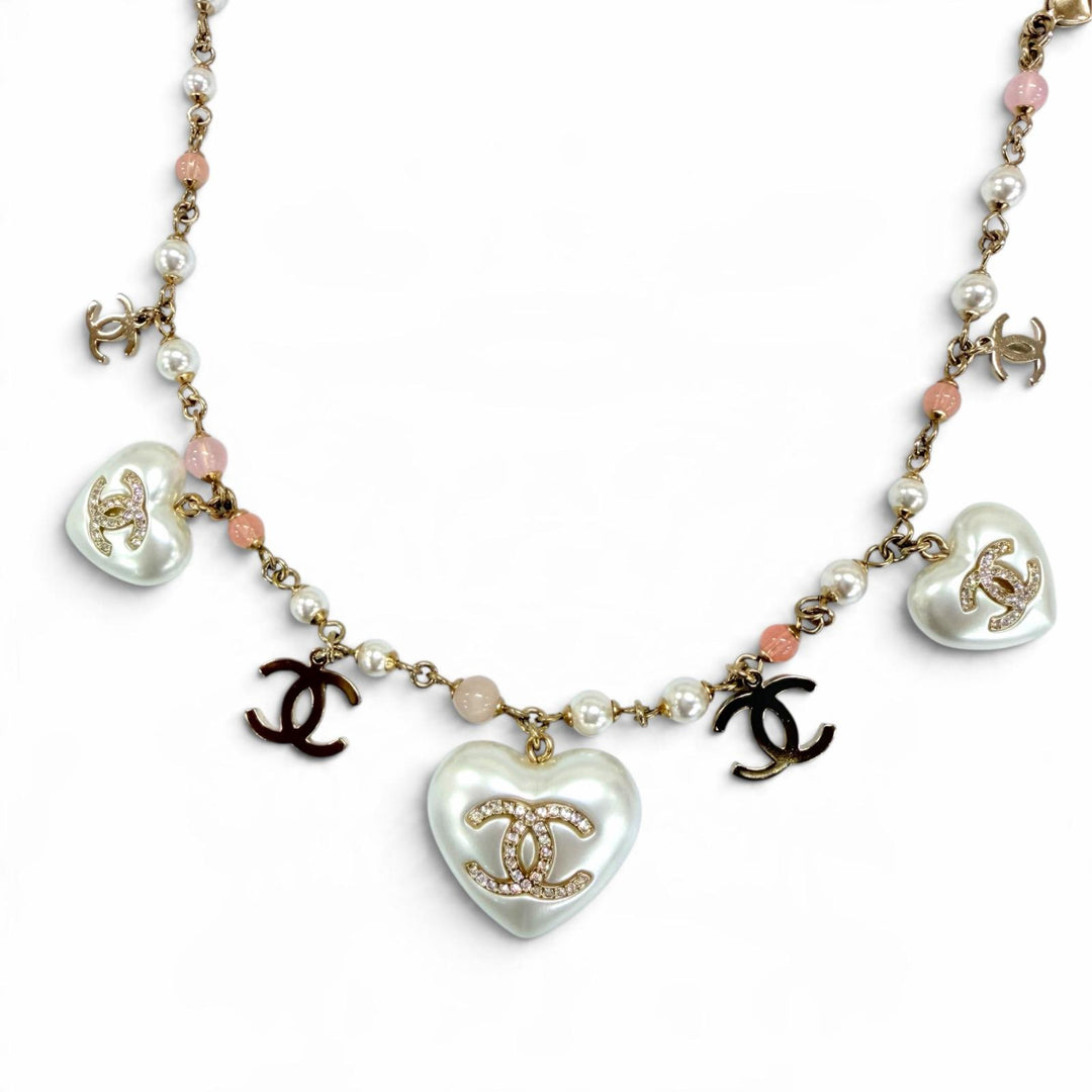 Excellent CHANEL Necklace COCO Mark Rhinestone Eco Pearl Long gold Women A21B