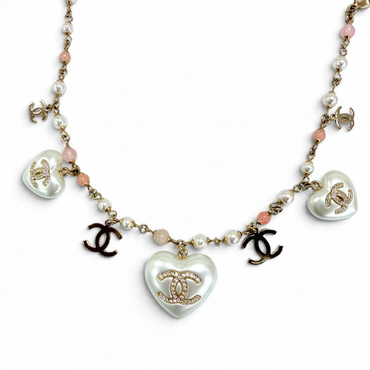 Excellent CHANEL Necklace COCO Mark Rhinestone Eco Pearl Long gold Women A21B