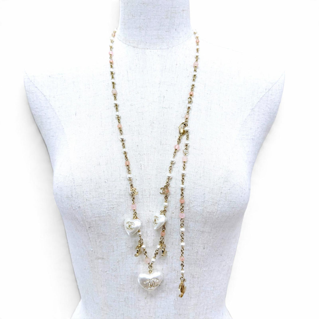 Excellent CHANEL Necklace COCO Mark Rhinestone Eco Pearl Long gold Women A21B