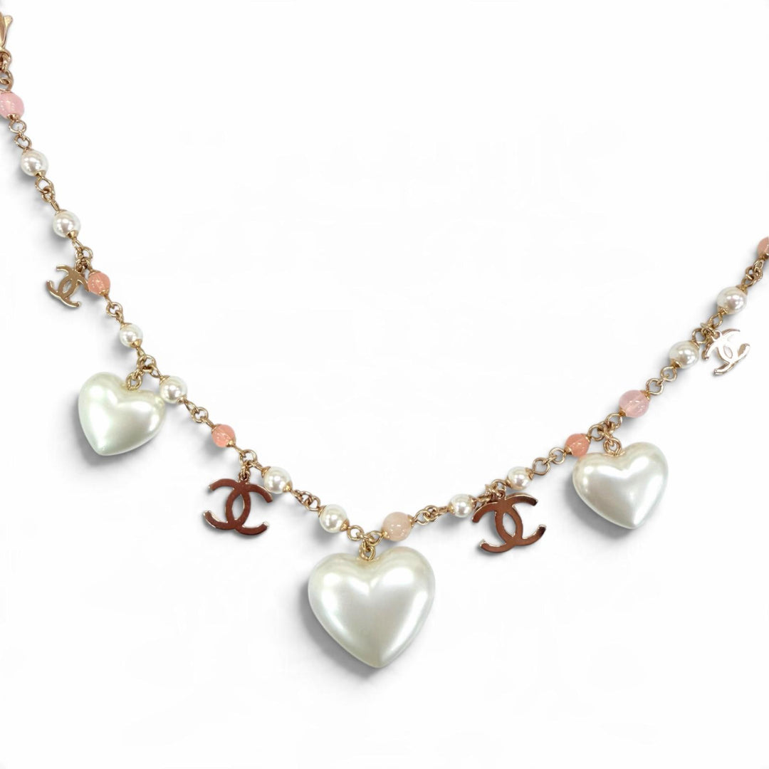 Excellent CHANEL Necklace COCO Mark Rhinestone Eco Pearl Long gold Women A21B