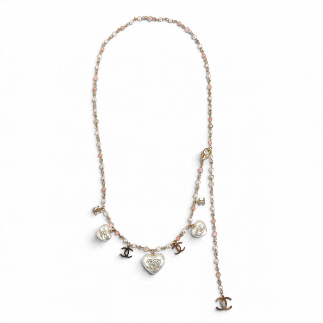 Excellent CHANEL Necklace COCO Mark Rhinestone Eco Pearl Long gold Women A21B