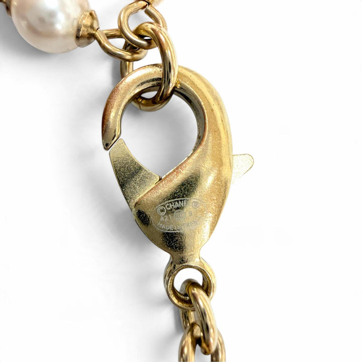 Excellent CHANEL Necklace COCO Mark Rhinestone Eco Pearl Long gold Women A21B