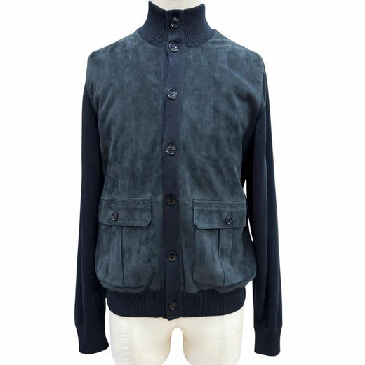 Great Brioni Jacket Knit-paneled stand-collar blouson with logo buttons Navy S