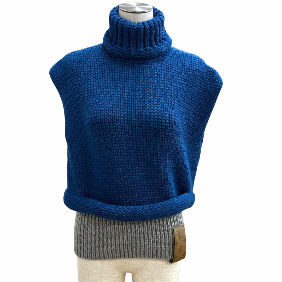 Excellent LOUIS VUITTON knit Leather monogram patch turtleneck sleeveless wool S