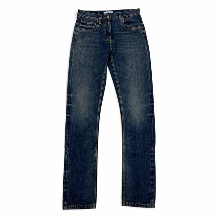 Excellent PRADA Denim pants Leather logo patch selvedge Indigo cotton 25 GFP534