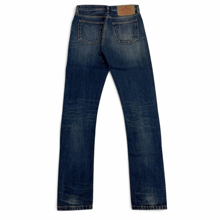 Excellent PRADA Denim pants Leather logo patch selvedge Indigo cotton 25 GFP534