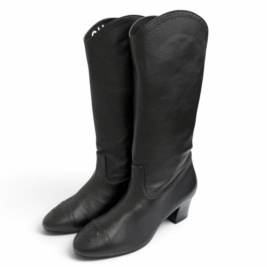 Pristine CHANEL COCO Mark Medium Leather Boots Jockey Boots black 36 G36273