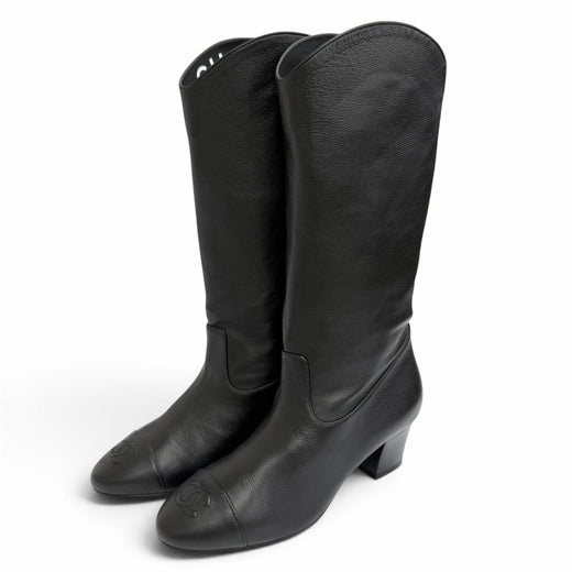 Pristine CHANEL COCO Mark Medium Leather Boots Jockey Boots black 36 G36273