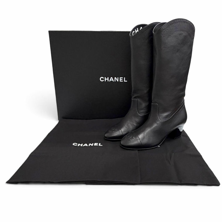 Pristine CHANEL COCO Mark Medium Leather Boots Jockey Boots black 36 G36273