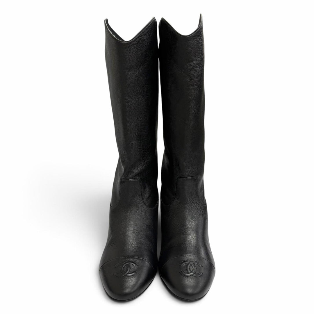 Pristine CHANEL COCO Mark Medium Leather Boots Jockey Boots black 36 G36273