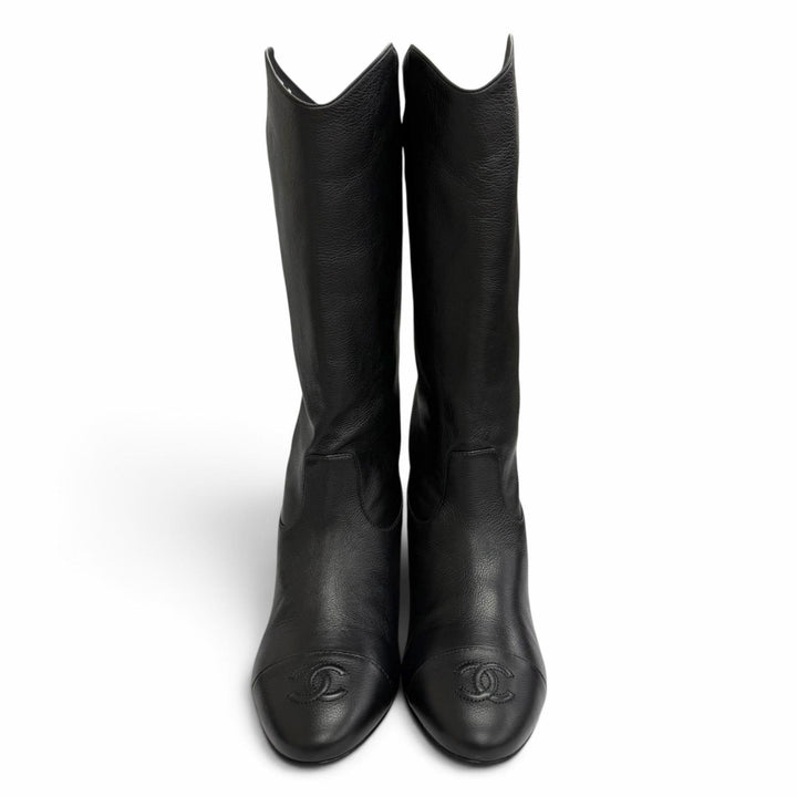 Pristine CHANEL COCO Mark Medium Leather Boots Jockey Boots black 36 G36273