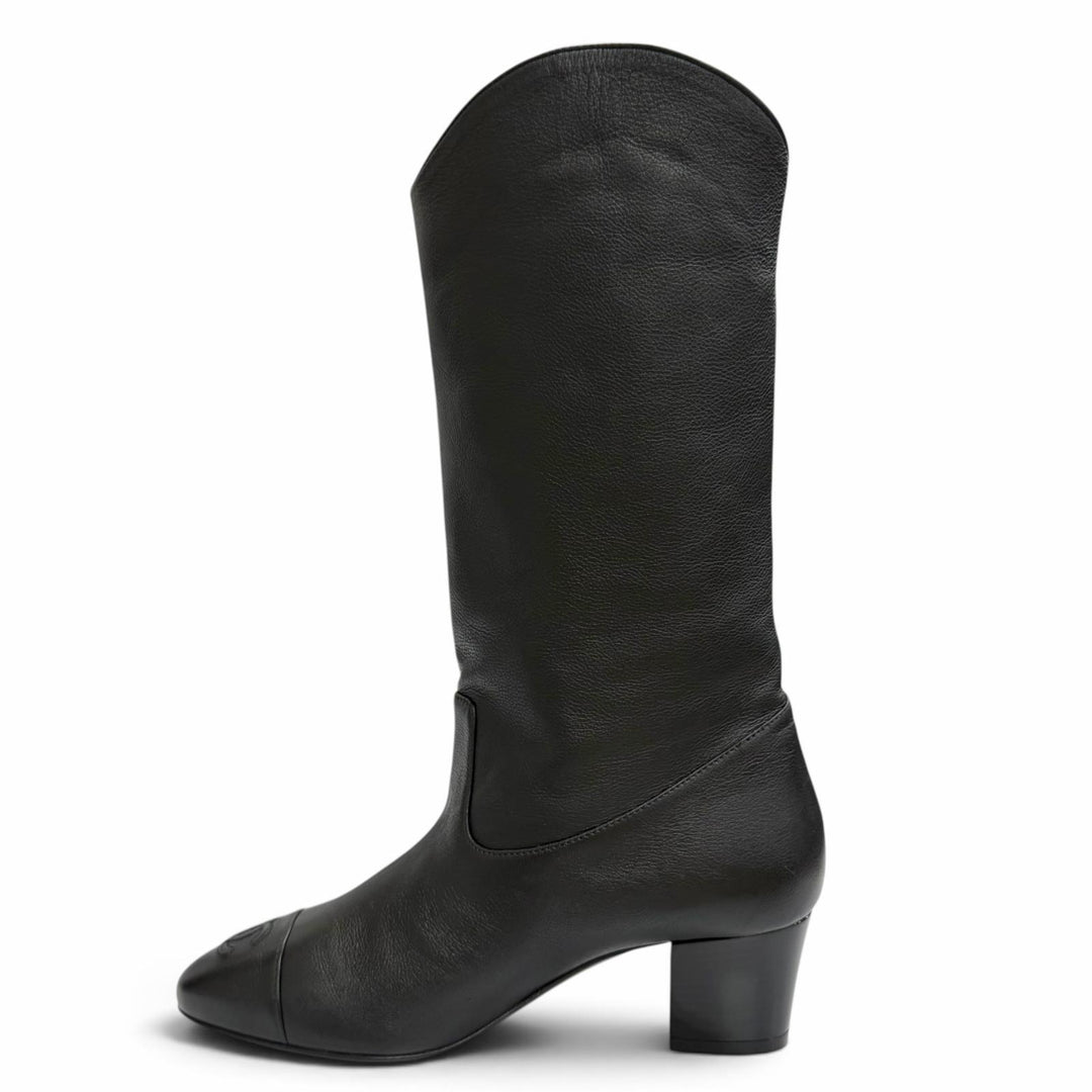 Pristine CHANEL COCO Mark Medium Leather Boots Jockey Boots black 36 G36273