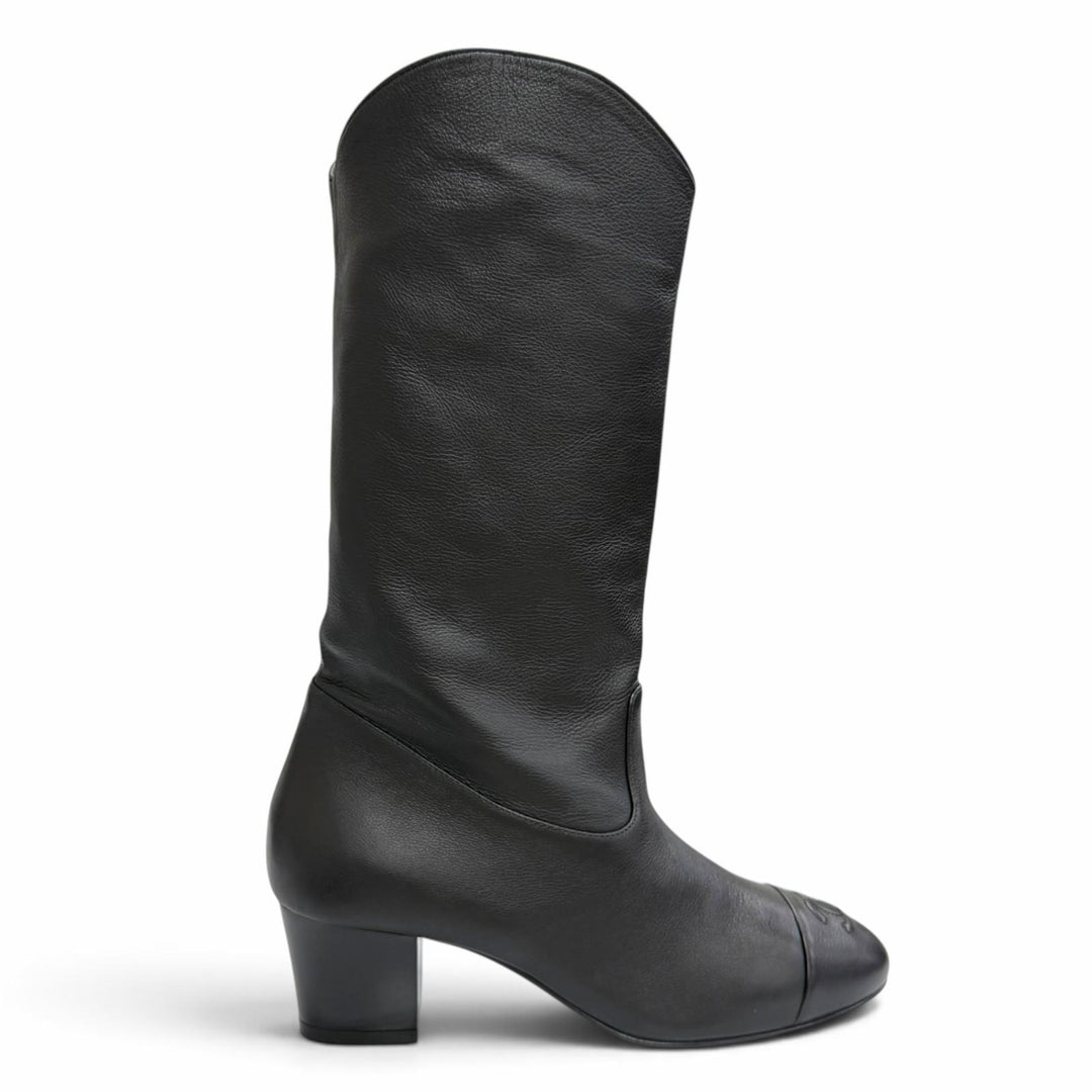 Pristine CHANEL COCO Mark Medium Leather Boots Jockey Boots black 36 G36273