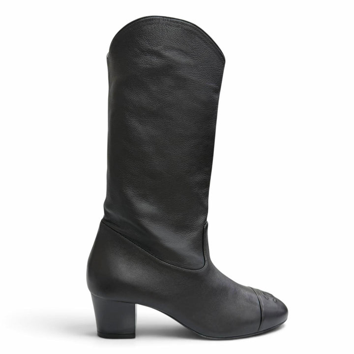 Pristine CHANEL COCO Mark Medium Leather Boots Jockey Boots black 36 G36273
